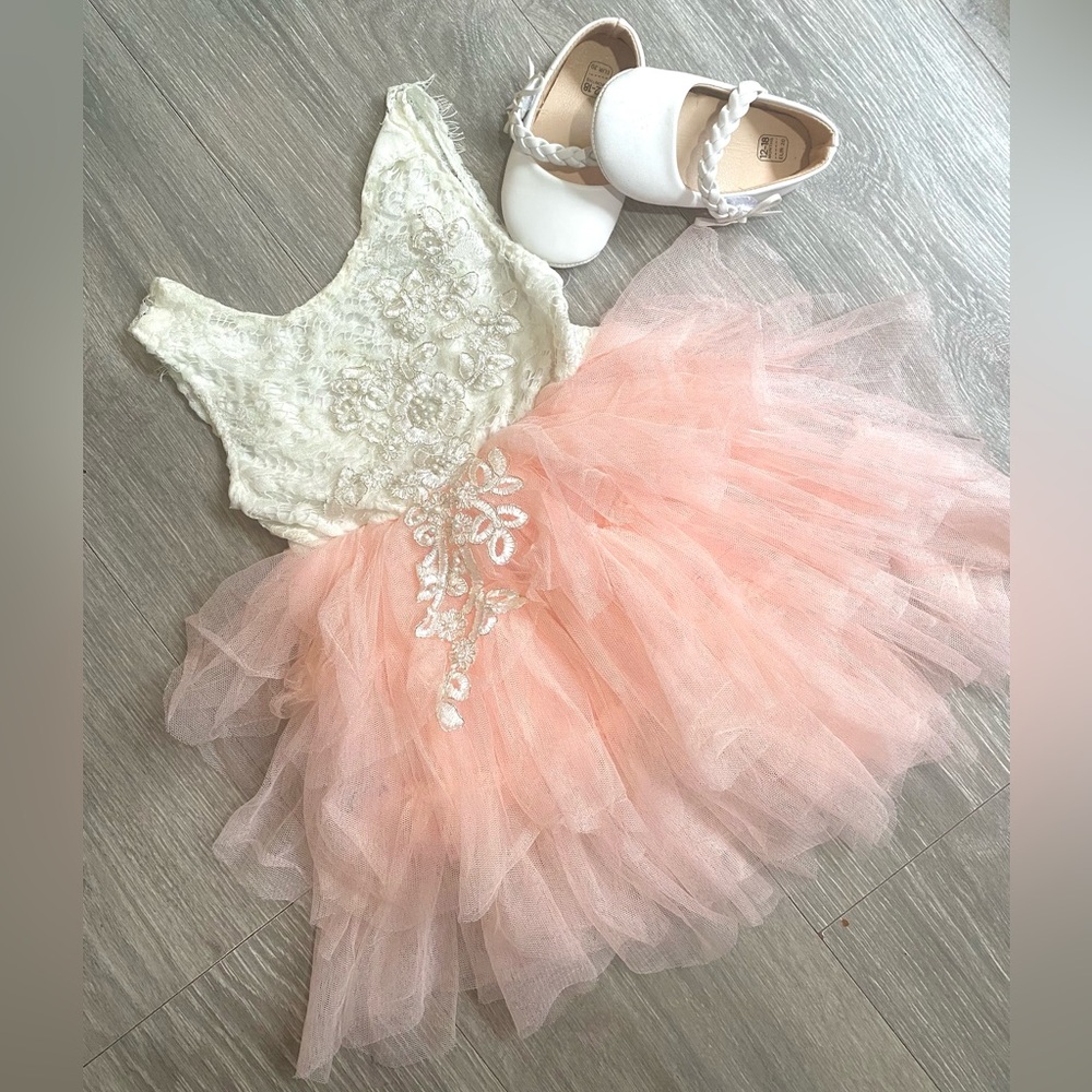 💐18 MONTHS GIRL SPECIAL OCCASION DRESS LACE BEADED TUTU MATCHING BALLET SHOES
